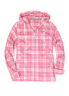 Front view of a women's midweight pink plaid flannel hooded shirt