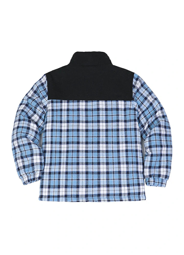 Back view of kid's blue thermal quilted lined flannel jacket
