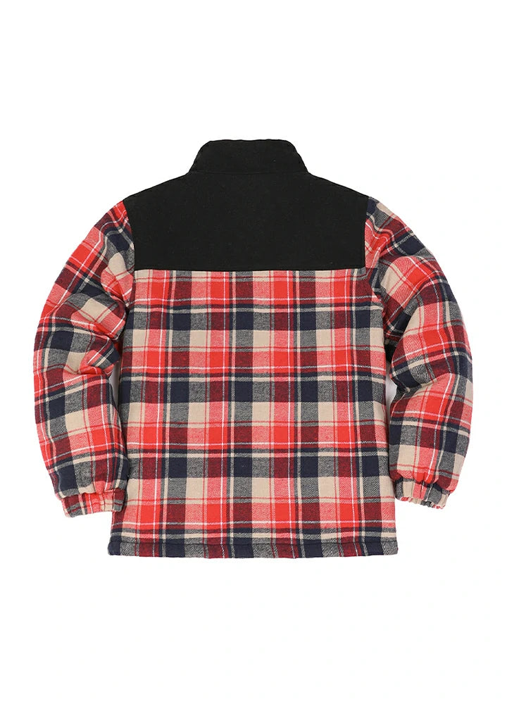 Back view of kid's red thermal quilted lined flannel jacket