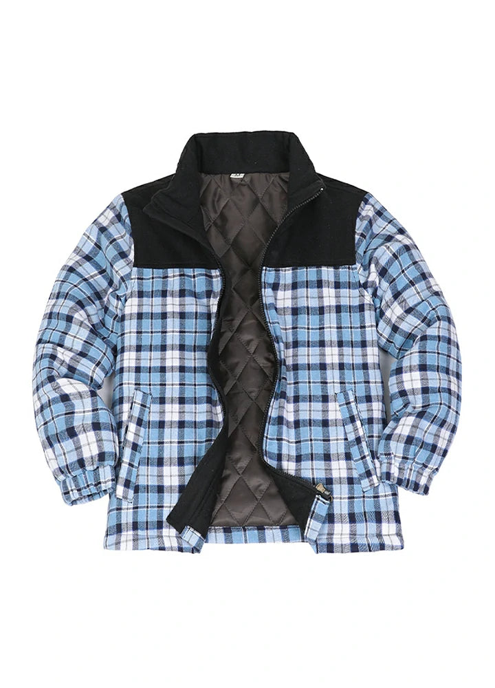 Front view of kid's blue thermal quilted lined flannel jacket