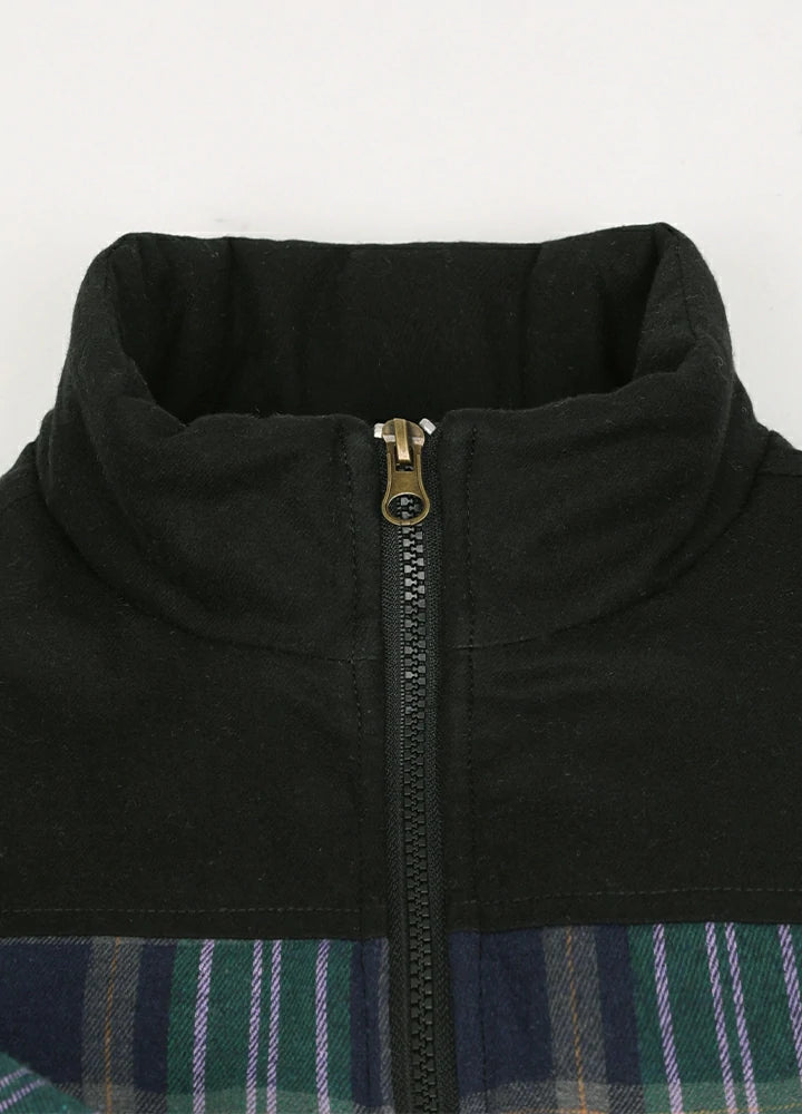 Close-up of the warm collar detail on kid's green thermal flannel jacket