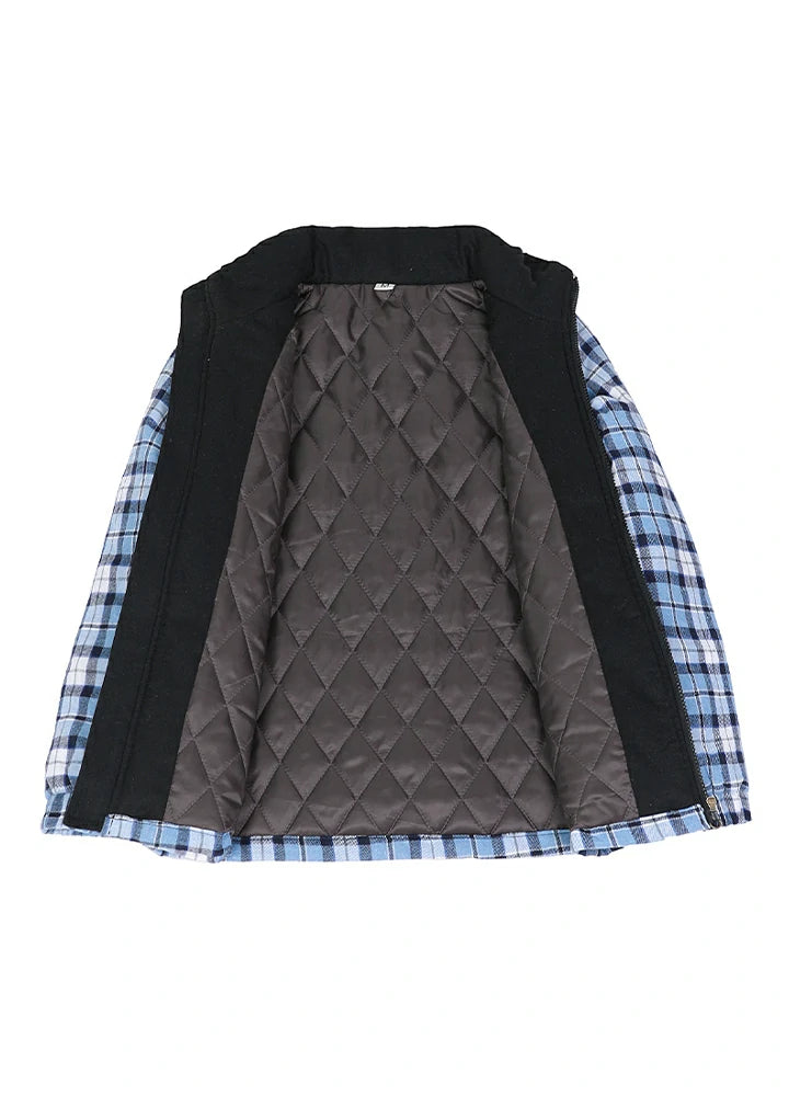 Detailed view of the quilted lining inside kid's blue thermal flannel jacket
