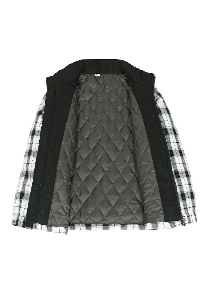 Detailed view of the quilted lining inside kid's white thermal flannel jacket