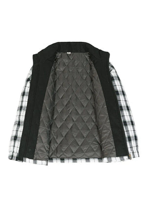 Detailed view of the quilted lining inside kid's white thermal flannel jacket