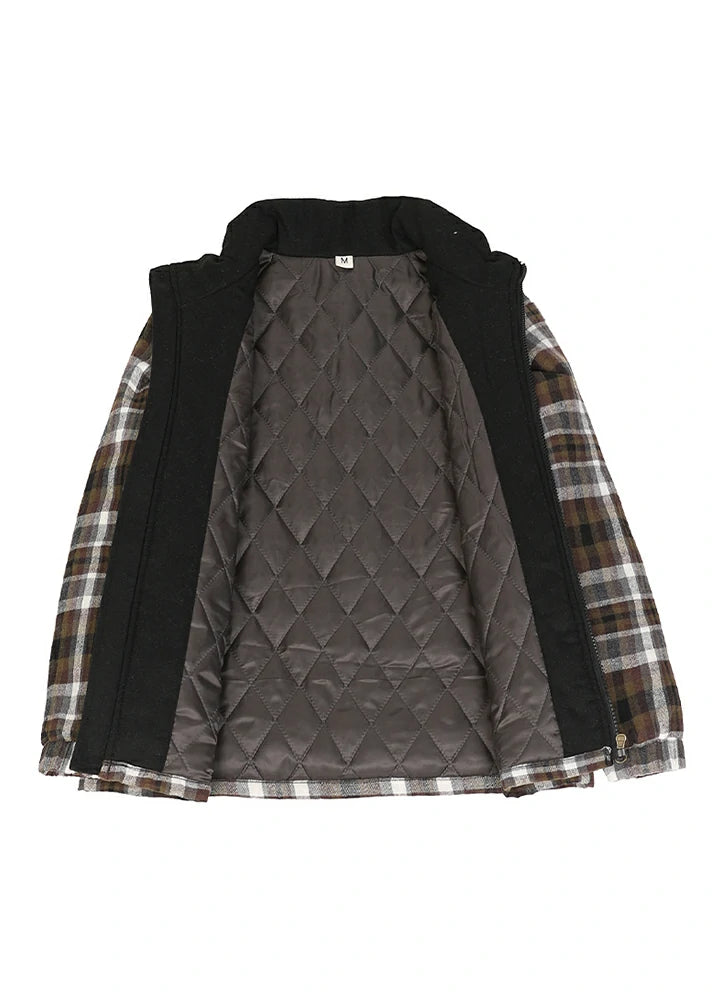 Detailed view of the quilted lining inside kid's coffee thermal flannel jacket