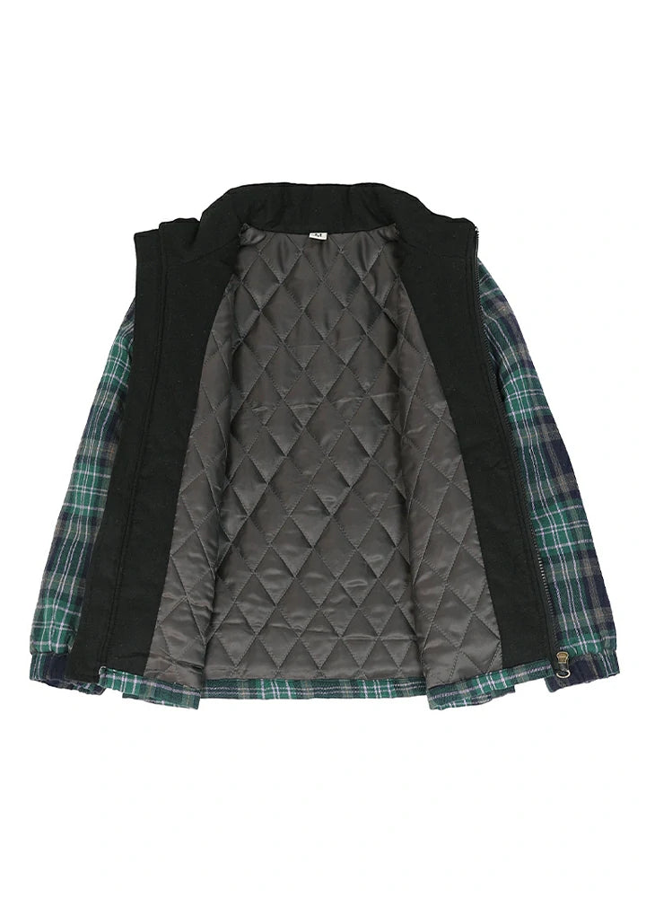 Detailed view of the quilted lining inside kid's green thermal flannel jacket
