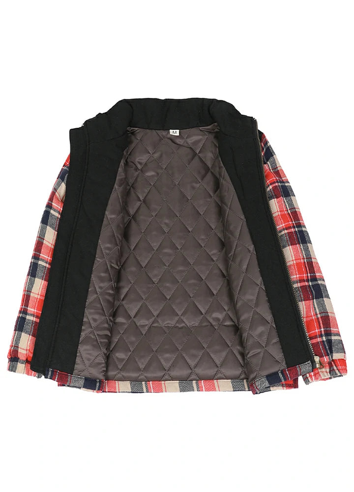 Detailed view of the quilted lining inside kid's red thermal flannel jacket