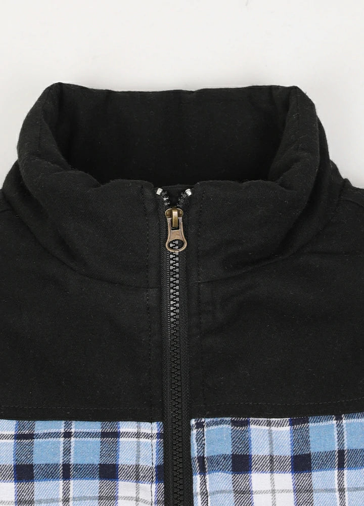Close-up of the warm collar detail on kid's blue thermal flannel jacket