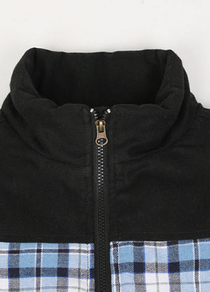 Close-up of the warm collar detail on kid's blue thermal flannel jacket