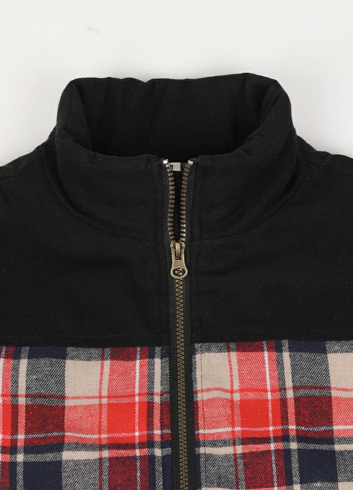 Close-up of the warm collar detail on kid's red thermal flannel jacket