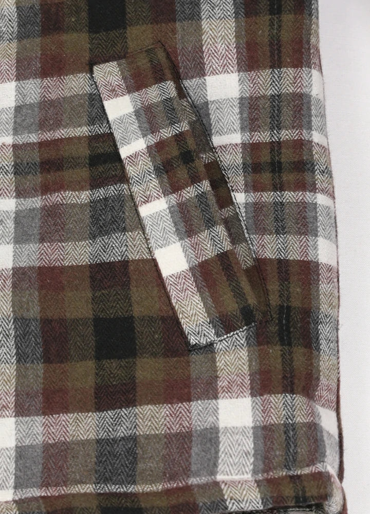 Close-up of two side pockets on kid's coffee thermal flannel jacket