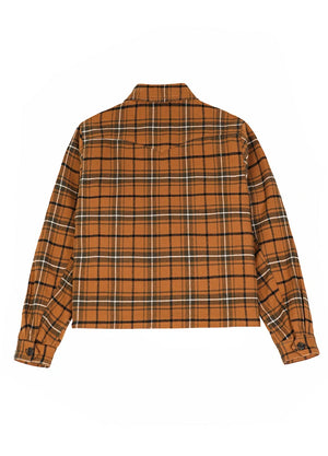 Back view of women's orange plaid flannel shirt shacket