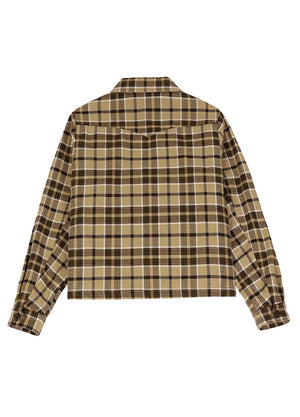 Back view of women's browm plaid flannel shirt shacket