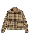 Front view of a women's brown plaid warm flannel jacket
