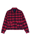 Front view of a women's red black plaid warm flannel jacket