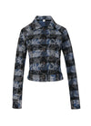 Front view of a women's cropped blue black washed plaid flannel shirt