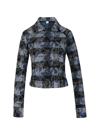 Front view of a women's cropped blue black washed plaid flannel shirt