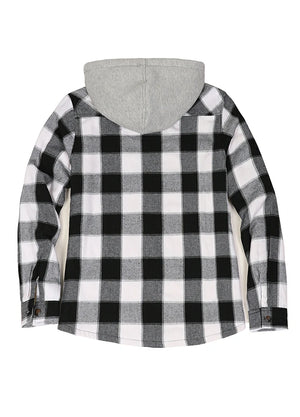 Back view of a women's zip up black gray flannel jacket with sherpa-lined