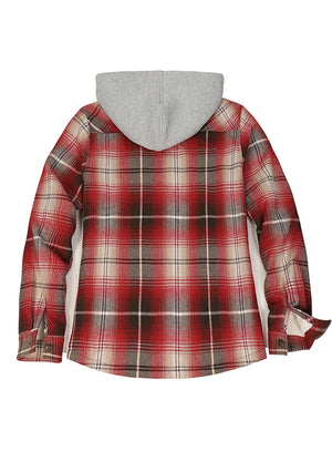 Back view of a women's zip up red black flannel jacket with sherpa-lined