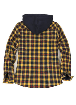 Back view of a women's zip up yellow flannel jacket with sherpa-lined