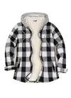 Front view of a women's black gray plaid full zip up plaid flannel plaid hooded