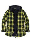 Front view of a women's yellow black plaid full zip up plaid flannel plaid hooded