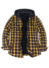 Front view of an open sherpa-lined yellow plaid flannel hooded for women