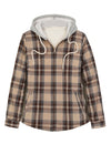 Front view of a women's khaki brown plaid full zip up plaid flannel plaid hooded
