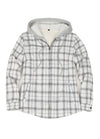 Front view of a women's white plaid full zip up plaid flannel plaid hooded