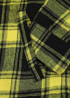 Close-up of womens sherpa-lined yellow black flannel hooded hand pocket