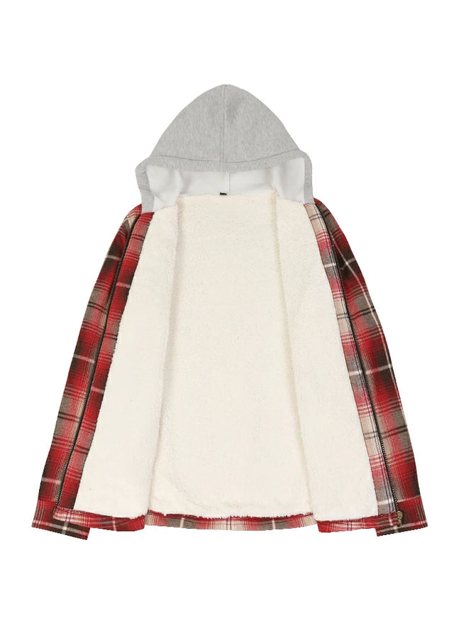 Women's Sherpa-Lined Full Zip Up Flannel Jacket with Fleece Hood