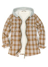 Front view of a women's brown plaid full zip up plaid flannel plaid hooded