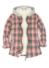 Front view of a women's pink plaid full zip up plaid flannel plaid hooded