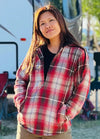 Women wearing a red black full zip up plaid flannel plaid hooded