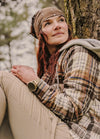 Lifestyle view of a woman wearing coffee brown women's sherpa-lined full zip up flannel jacket with fleece hood-XR109KQ0S,XR109KQ0M,XR109KQ0L,XR109KQ0XL,XR109KQ0XXL