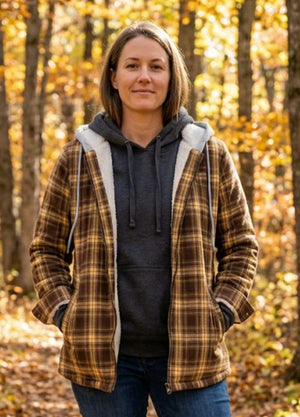 Women's Sherpa-Lined Full Zip Up Flannel Jacket with Fleece Hood