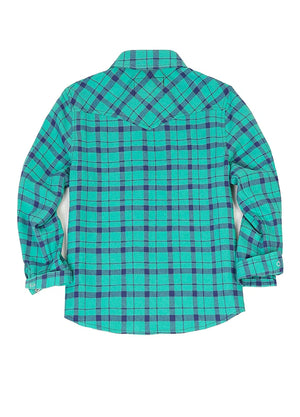 Back view of turquoise kid's long-sleeve western shirt
