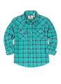 Front view of green kid's long-sleeve western shirt