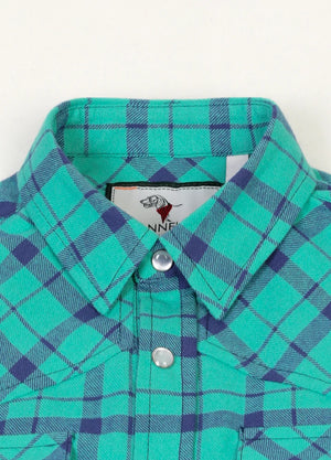 Detail of collar on kid's turquoise long-sleeve western shirt