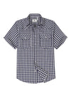 Front view of indigo white men's warm snap button short sleeve western shirt