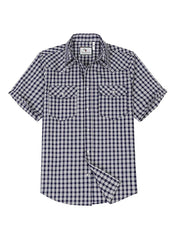 Front view of indigo white men's warm snap button short sleeve western shirt