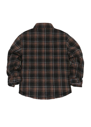 Back view of kid's chestnut quilted lined plaid shirt jacket