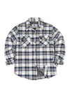 Front view of kid's blue white quilted lined plaid shirt jacket buttoned