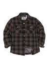 Front view of kid's black borwn quilted lined plaid shirt jacket buttoned