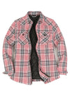 Open view of a women's long-sleeve quilted-lined pink flannel shacket