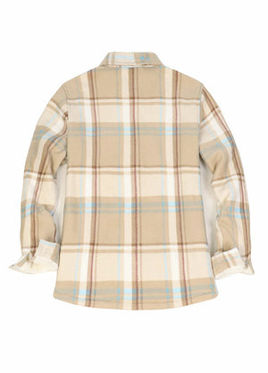 Back view of a womens cream plaid fleece shacket with sherpa lined