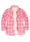 Front view of a womens sherpa-lined pink plaid fleece shirt jacket