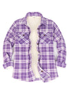 Front view of a womens sherpa-lined purple white plaid fleece shirt jacket