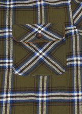 Close-up of the pocket of army green men's midweight plaid flannel shirt