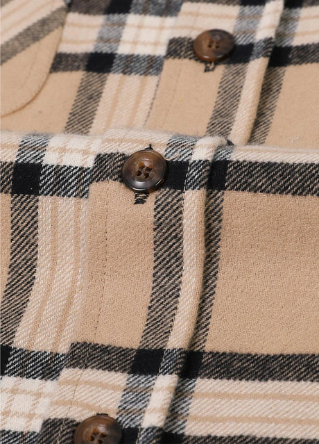 Close-up of the button of light khaki midweight flannel shirt for men